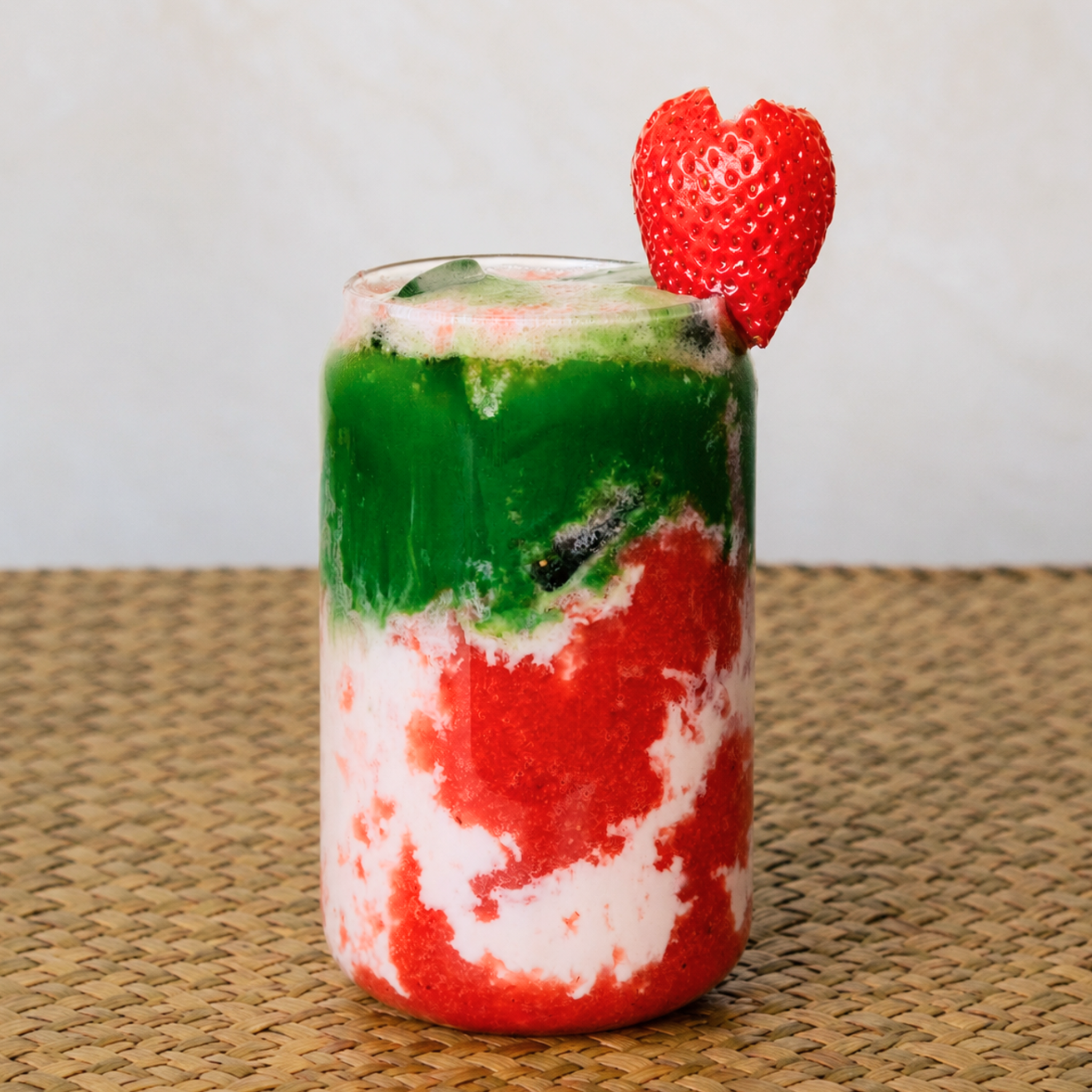 Strawberry matcha layered drink with fresh strawberry garnish